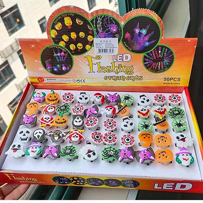 40pcs LED Glow-in-the-Dark Halloween Rings - Spooky Pumpkin Skull & Bat Designs  Battery-Powered Fun for Parties Decorations & Celebrations  Durable Plastic Playful Accessories2