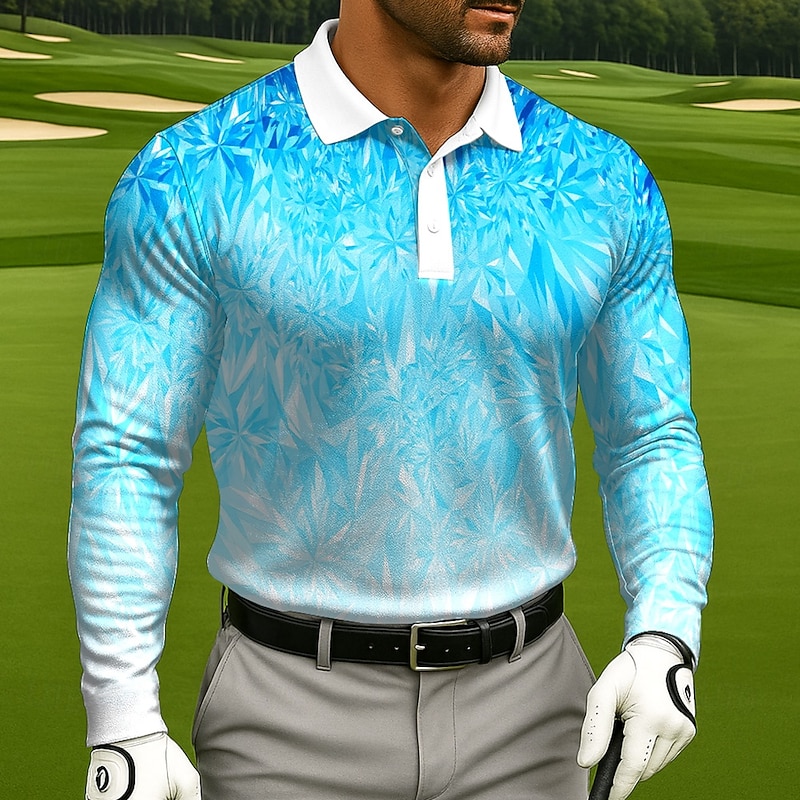 Men's Geometic Golf Polo Long Sleeve Polo Shirts Lapel Casual Athleisure Daily Wear 3D Print Buttons Spring Fall Winter Blue Purple Gray