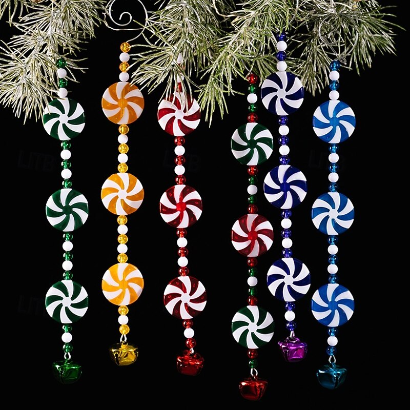 6Pcs Christmas Candy Cane Ornaments, Red and White Lollipop Hanging Decorations with Curly Bells & Beads, Festive Candy Stick Ornaments for Christmas Tree Decor