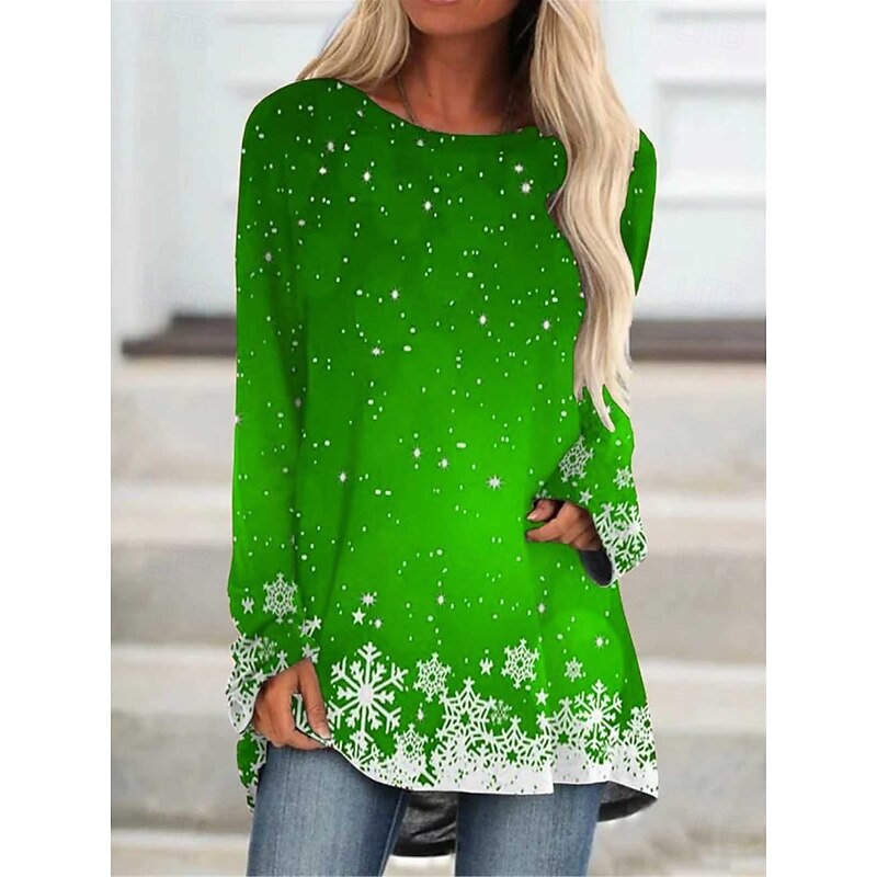 Christmas Women's T Shirt Graphic Snowflake Christmas Vintage Stylish Classic Long Sleeve Crew Neck Long Tops Daily Going out Weekend Print Red Blue Fuchsia Green Khaki Spring Fall Winter3
