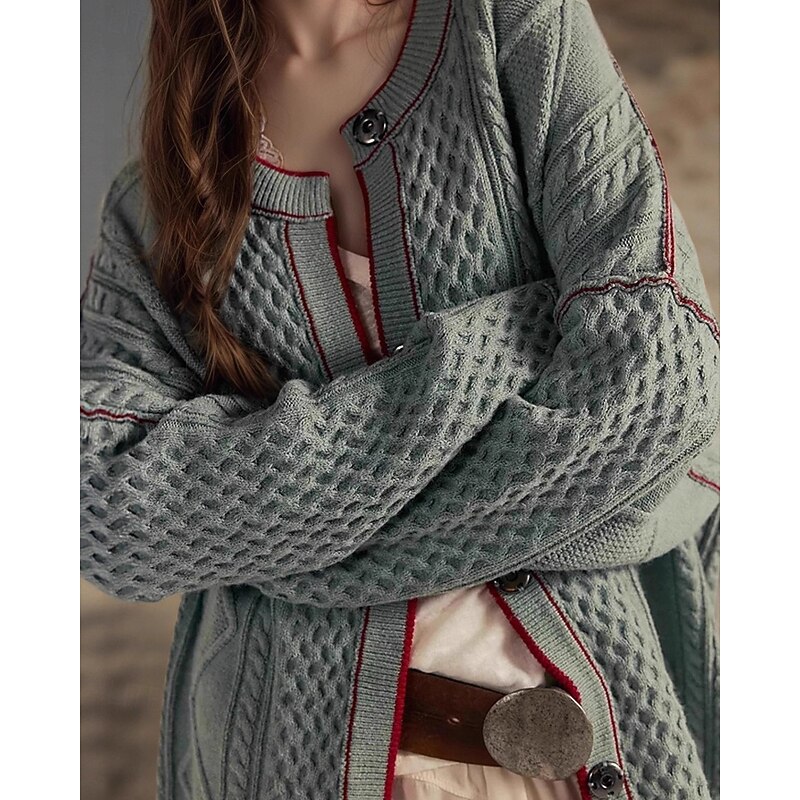 Women's Sweater Cardigan Streetwear Casual Color Block Cable Crew Neck Patchwork Buttons Knitted Long Sleeve Regular Tops Knit Daily Holiday Going out Navy Blue Blue Fall Winter3