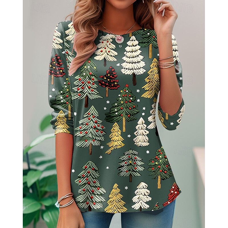 Christmas Women's T Shirt Graphic Santa Claus Snowflake Vintage Fashion Stylish Long Sleeve Crew Neck Round Neck Regular Tops Daily Weekend Print Black Wine Blue Green Spring Fall Winter4