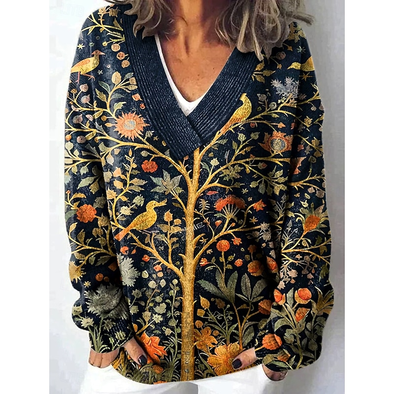 Women's Cardigan Daily Floral Graphic Geometric Ribbed Crew Neck V Neck Buttons Print Long Sleeve Regular Tops Knit Outdoor Weekend Red Brown Black Spring Fall2