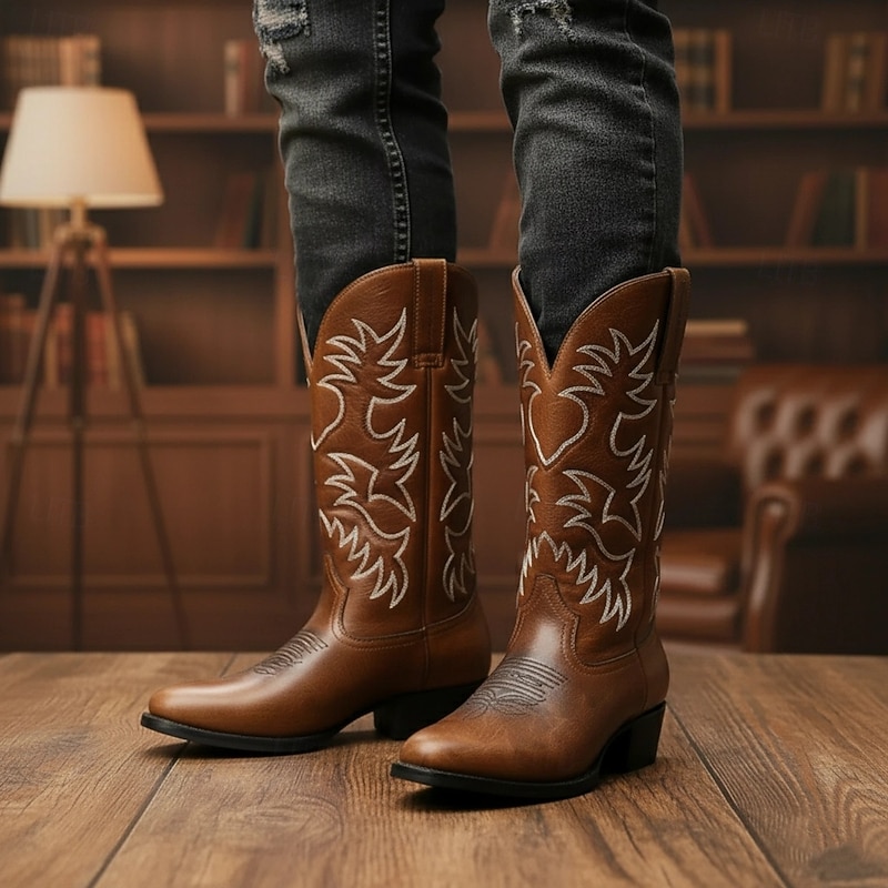 Men's Vintage Brown and Black Faux Leather Western Cowboy Boots with Intricate Embroidery - Durable and Stylish for Rodeo and Everyday Wear3