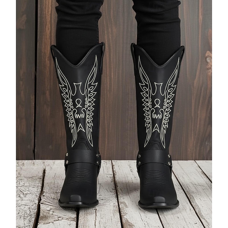 Men's Black Western Cowboy Boots – Embroidered Design with Harness Strap and Metal Stud Details, Ideal for Rodeo, Ranch, and Casual Wear4