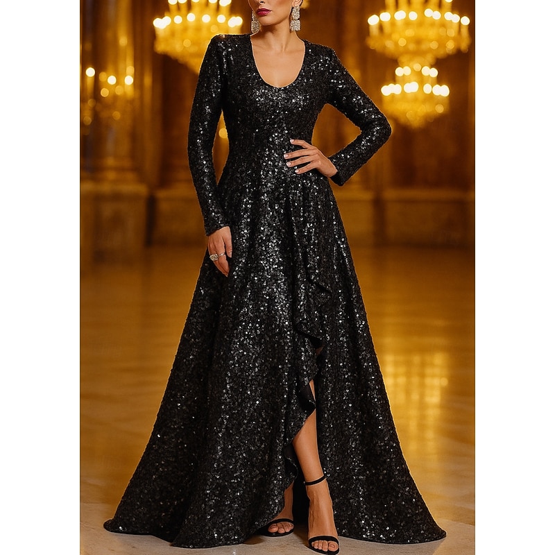 Black Tie A-Line Evening Gown Elegant Formal Dress Formal Wedding Floor Length Long Sleeve Crew Neck Sequined with Glitter 20254