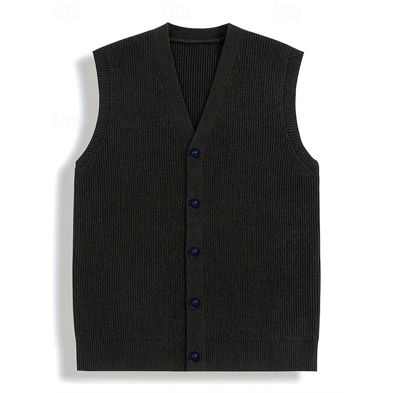 Men's Sweater Vest Dress Sweater Vest Knitwear Cardigan Vest Ribbed Knit Regular Tops Buttons Plain V Neck Fashion Classic Vacation Daily Wear Clothing Apparel Fall Winter Black S M L