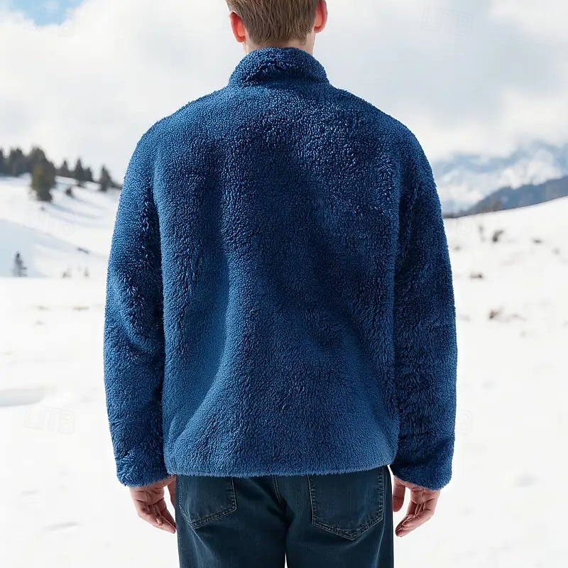 Men's Winter Jacket Fleece Jacket Teddy Coat Vacation Daily Thermal Warm Pocket Fleece Winter Plain Fashion Streetwear Stand Collar Regular Black Blue Dark Blue Gray Jacket4