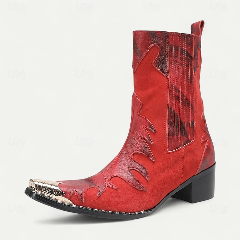 Men's Red Genuine Leather Cowboy Boots – Flame Pattern Western Riding Boots for Festivals, Stage Shows and Country Parties2