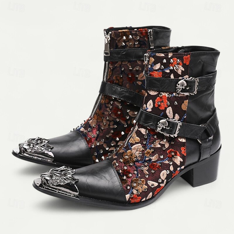 Men's Black Floral Embroidered Ankle Boots – Genuine Leather Western Cowboy Style with Buckle Straps for Parties, Stage Performances and Nightlife2