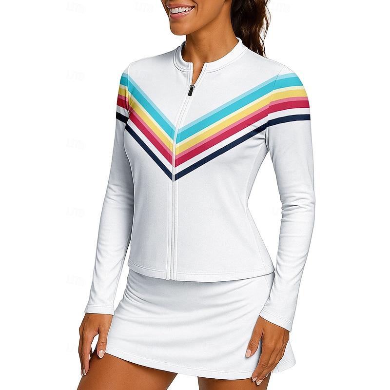 Women's Rainbow Stripes Sport Shirt Tennis Shirt Tennis Top Long Sleeve Zipper Floral UPF50+ UV Resistant High Elasticity Moisture Wicking Breathable Volleyball Tennis Golf Stand Collar Zip Collar