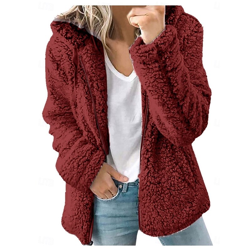Women's Teddy Coat Comfortable Breathable Pocket Casual Plain Vacation Street Casual Daily Wear Zipper Regular Hooded Regular Fit Long Sleeve Outerwear Pink Red Blue Spring Fall2