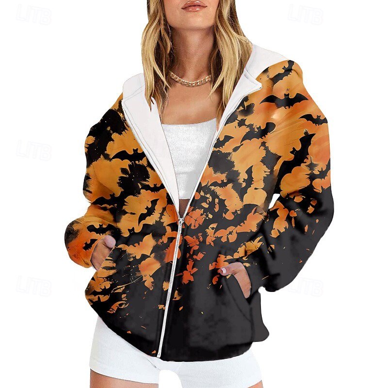 Women's Casual Jacket Hoodie Jacket Warm Comfortable Zipper Pocket Print Fashion Flower Outdoor Going out Zipper Regular Hooded Regular Fit Long Sleeve Outerwear Black Purple Orange Fall Winter2