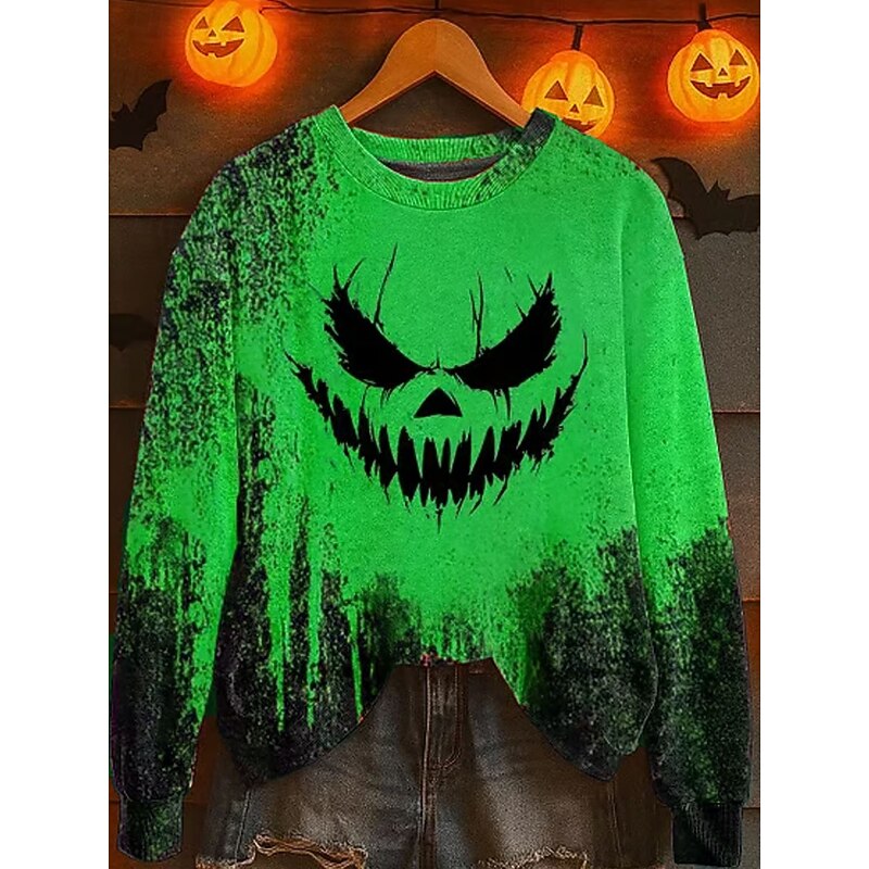 Women's Pullover Graphic Monster Casual Long Sleeve Crew Neck Regular Tops Street Dailywear Casual Print Blue Purple Orange Green Gray Fall Winter4