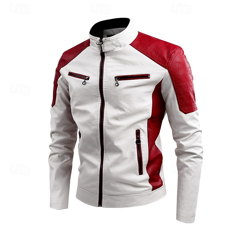 Men's Faux Leather Jacket Biker Jacket Motorcycle Jacket Vacation Daily Windproof Patchwork Pocket Spring Fall Plain Fashion Classic Stand Collar Regular Black White Red Brown Jacket