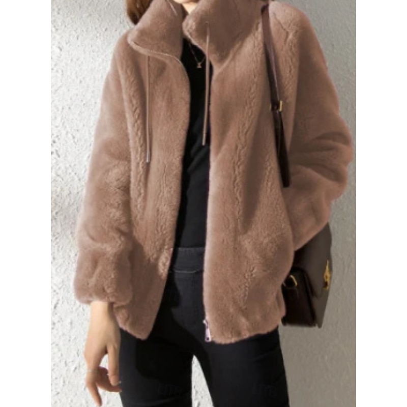 Women's Sherpa Jacket Casual Jacket Comfortable Breathable Zipper Casual Plain Vacation Street Casual Daily Wear Zipper Regular Stand Collar Regular Fit Long Sleeve Outerwear Black Purple Fuchsia