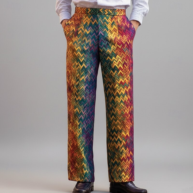 Men's Geometric Color-block Trousers Dress Pants Suit Pants Mid Waist Fashion Casual Outdoor Holiday Regular Fit Flat-Front Straight Leg Pants with Pockets Summer Spring Fall 3D Print Purple Orange