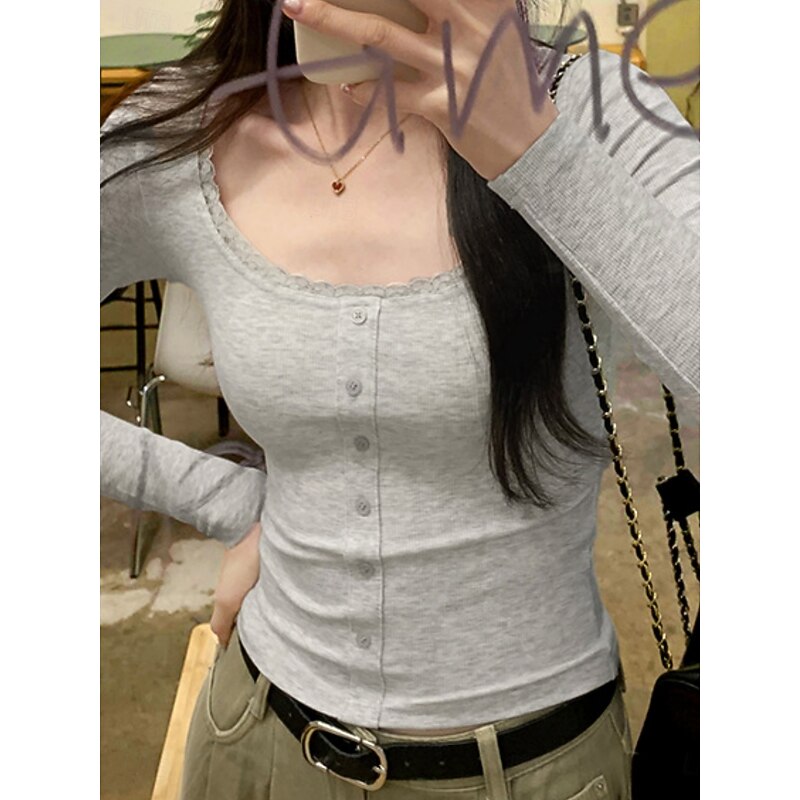 Women's Blouse Solid Color Stylish Basic Casual Long Sleeve U Neck Regular Tops Daily Patchwork Buttons Black Dark Gray Gray Spring Fall Winter