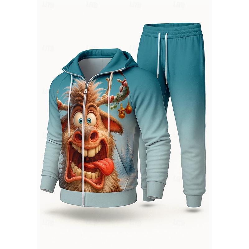 Christmas Men's Hoodie Tracksuit 2 Piece Tracksuit Drawstring Zip Up Animal Patterned Clothing Suit Fall Blue Vocation Outdoor Travel Lightweight Fashion Long Sleeve Sport Activewear Stretchy Regular