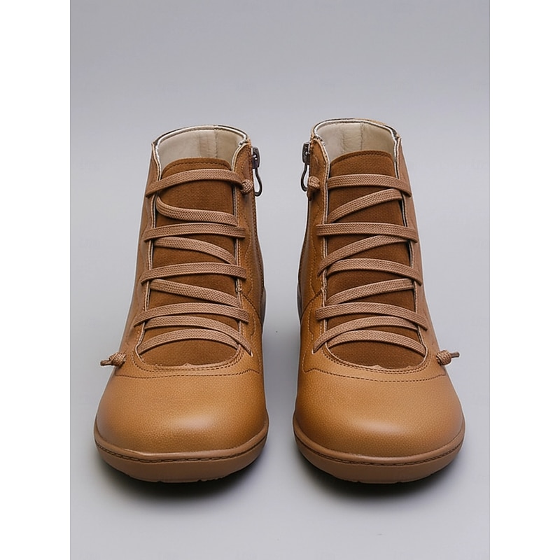 Women's Brown Leather Casual Ankle Boots with Zipper and Lace-Up Design - Comfortable and Lightweight for Everyday Wear4
