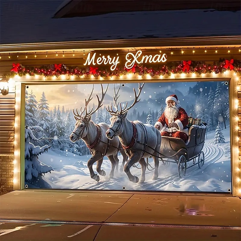 Christmas Tapestry Garage Door Cover Large Hanging Backdrop Gift Santa Claus Cute 3D Party Outdoor Holiday Shooting Backgrounds Yard Home Decor2