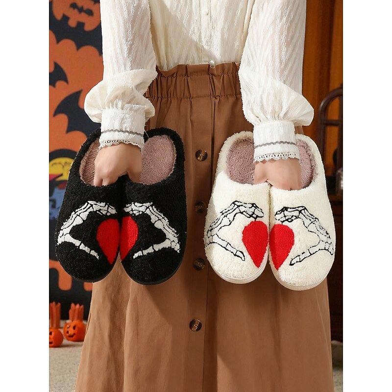 Women's Halloween Skeleton Hand Fuzzy Slippers – Cozy Plush Indoor Shoes with Bloody Heart Embroidery for Spooky Fall and Holiday Lounging3