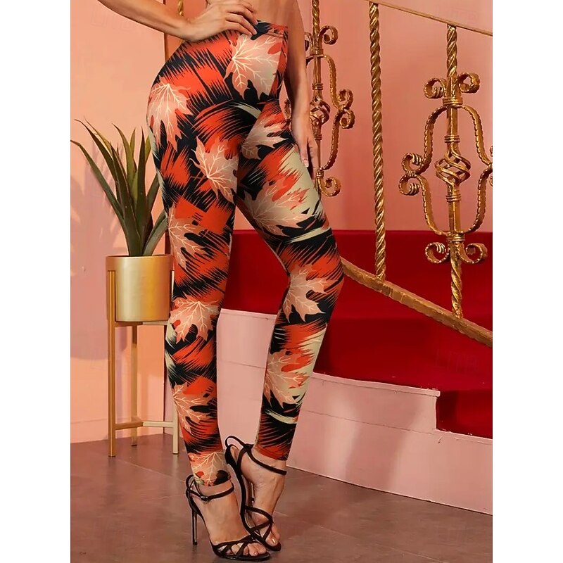 Women's Leggings Vacation Vintage Fashion Full Length High Waist Floral Graphic Leaf Printing Thermal Warm Soft Breathable Stretchy Vacation Street Black Orange Brown Spring Fall Winter Slim Fit2