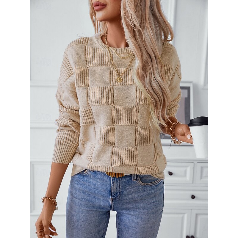 Women's Sweater Casual Soft Pure Color Ribbed Crew Neck Knitted Long Sleeve Regular Tops Knit Outdoor Daily Weekend Apricot Fall Winter4