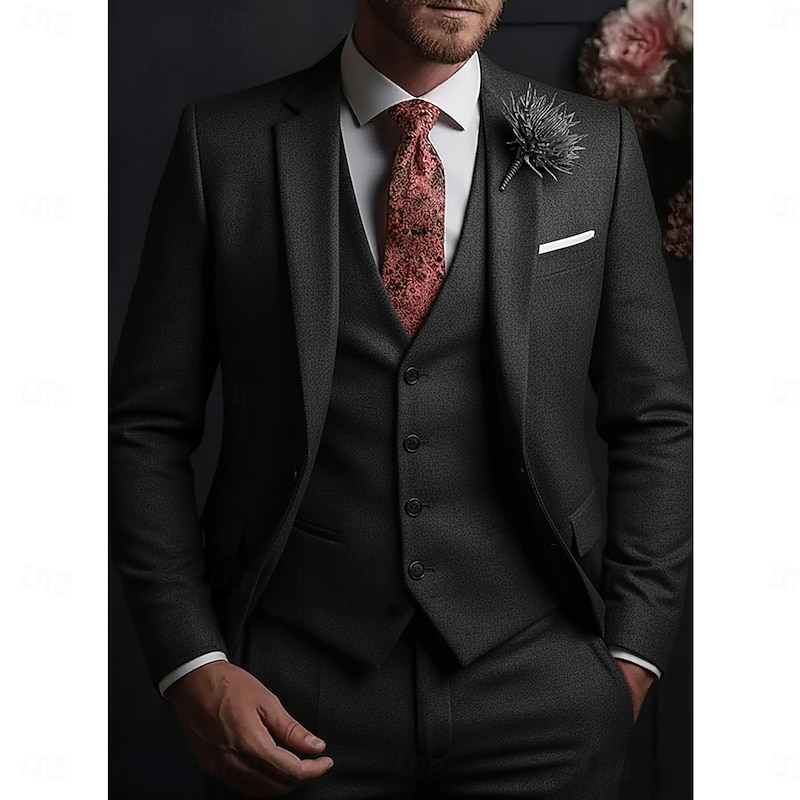 Men's Wedding Business Tweed Suits Notch Lapel Black Dark Blue Formal Solid Colored Tailored Fit 3 Piece Single Breasted One-button