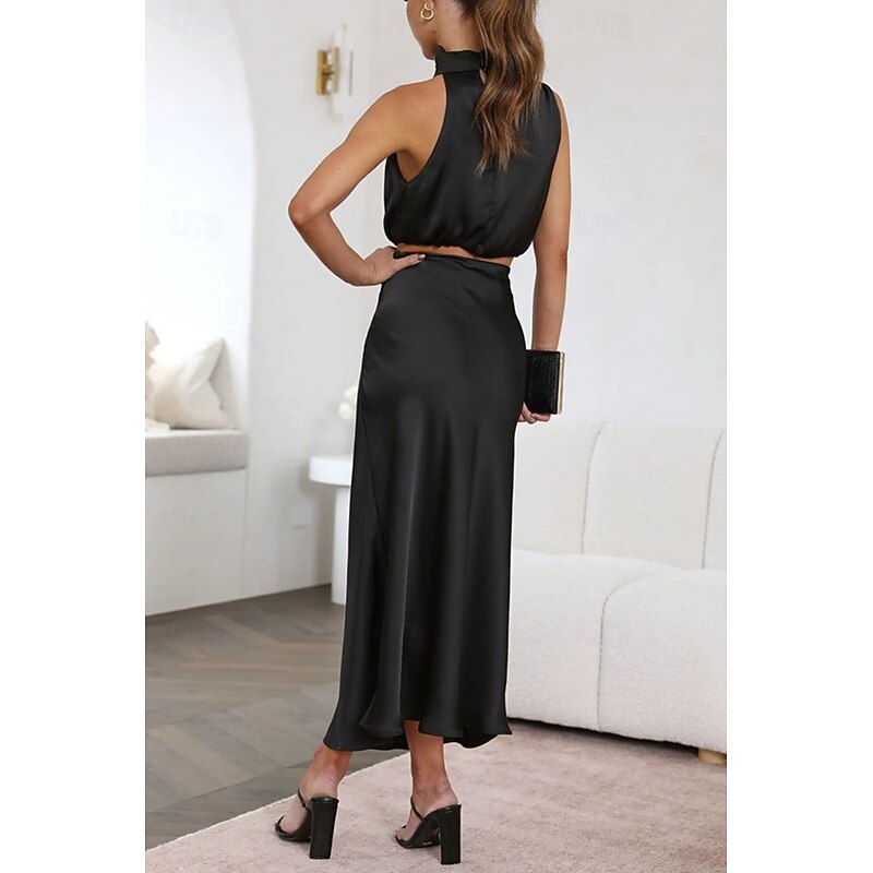 Women's Dress Set Sheath Dress Elegant Plain Ruched Midi Dress Sleeveless High Neck Formal Party Black White Pink Spring Fall Regular Fit4