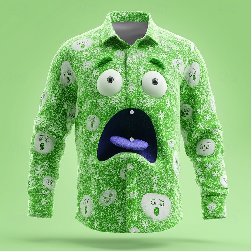 Christmas Men's 3D Cartoon Snowflake Smile Face Shirt Button Up Shirt Long Sleeve Funny Outdoor Holiday Spring Fall Turndown 3D Print Collared Shirts Pink Blue Green Light Blue3
