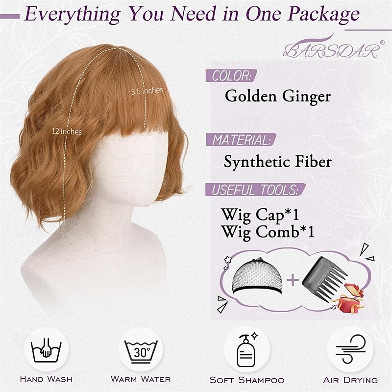 Short Wavy Golden Ginger Wig with Bangs - Short Golden Ginger Bob Wigs for Women - Curly Wavy Textured French Bob Wig with Bangs Soft Synthetic Natural Looking Face-Framing Daily4