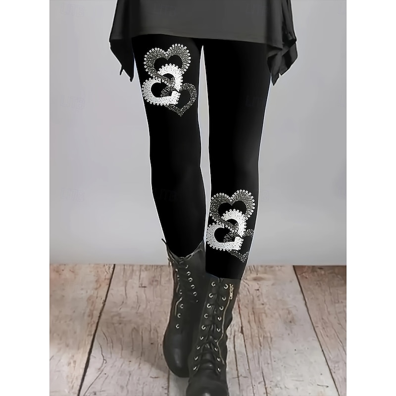 Women's Slacks Leggings Cozy Leggings Vacation Vintage Streetwear Full Length Natural Heart Graphic Elastic Waist Print Comfy Outdoor Comfortable High Elasticity Outdoor Vacation Streetwear Black Fall - Main Image