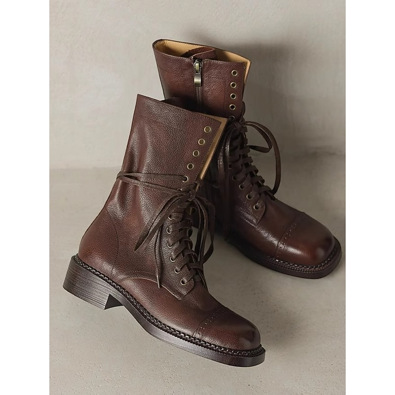 Women's Classic Maillard British Style Leather Lace Up Boots - Vintage Retro Combat Ankle Boots for Casual Autumn Winter Wear4
