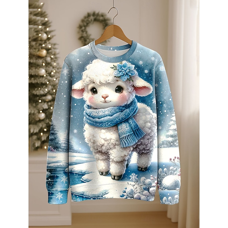 Women's Pullover Sweatshirt Graphic Animal Snowflake Casual Long Sleeve Crew Neck Regular Tops Street Casual Holiday Print Pink Blue Green Khaki Spring Fall Winter