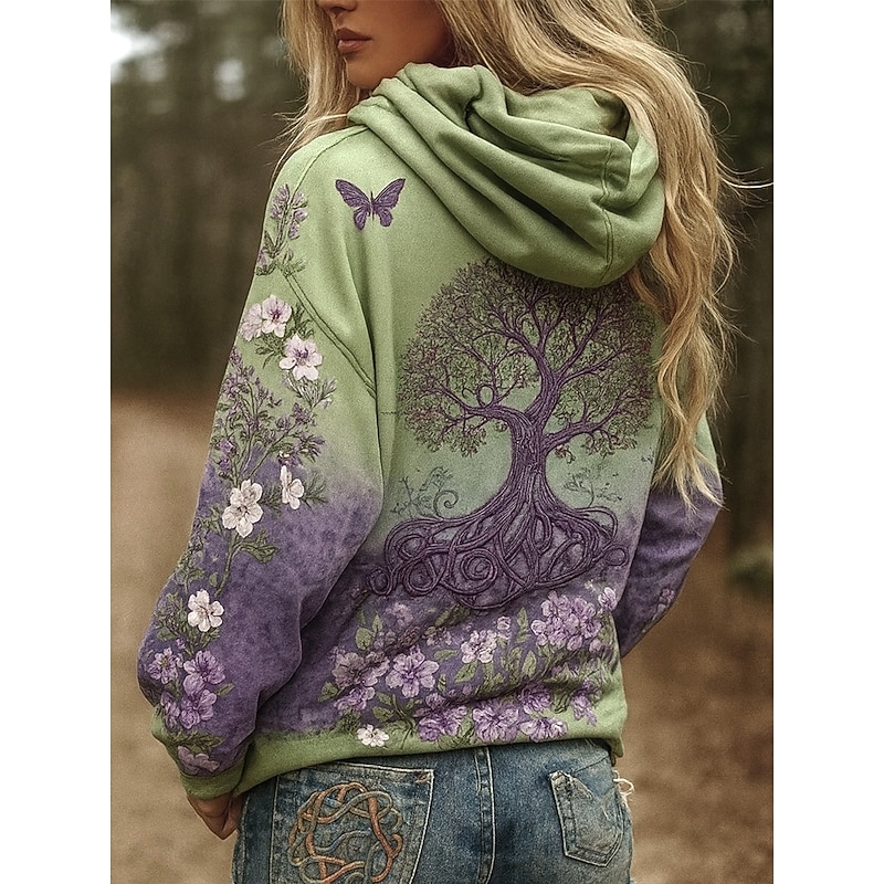 Women's Pullover Hoodie Sweatshirt Floral Graphic Punk Active Vintage Long Sleeve Hooded Regular Tops Street Dailywear Print Front Pocket Green Summer Spring Fall Winter