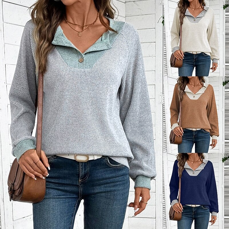 Women's Sweater Casual Soft Pure Color Ribbed Shirt Collar Buttons Knitted Long Sleeve Regular Tops Knit Outdoor Daily Weekend Black Navy Blue Fall Winter