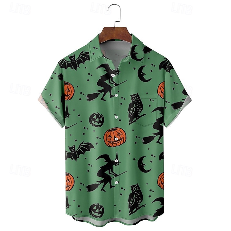 Halloween Men's Witch Lantern Face Shirt Summer Shirt Casual Shirt Short Sleeves Horror Vacation Daily Wear Theme Party Spring & Summer Lapel Print Purple Green Beige3