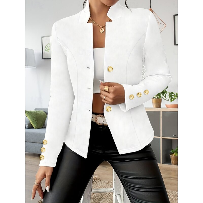 Women's Blazer Comfortable Breathable Pocket Buttons Casual Sophisticated Plain Formal Vacation Street Casual Single Breasted Short Stand Collar Regular Fit Long Sleeve Outerwear Black White Red2