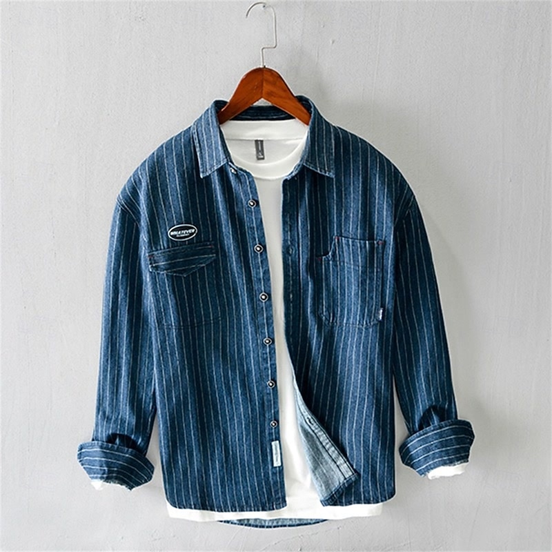 Men's Shirt Summer Shirt Casual Shirt Beach Shirt Button Up Shirt Black Blue Long Sleeve Stripe Lapel Vacation Hawaiian Pocket Clothing Apparel Polyester Fashion Casual Comfortable2
