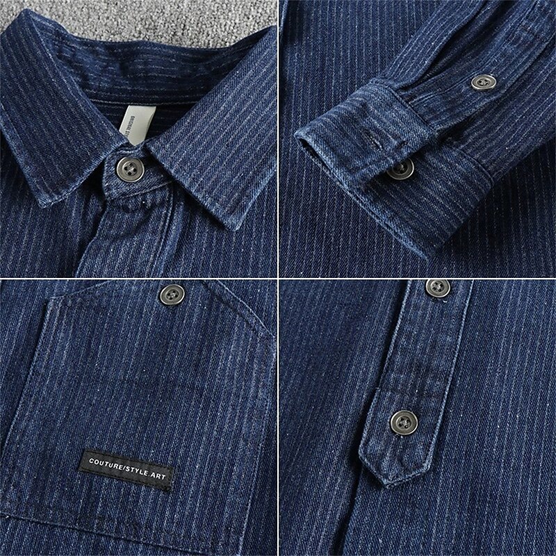 Men's Shirt Casual Shirt Button Up Shirt Denim Shirt Black Blue Long Sleeve Stripe Lapel Vacation Hawaiian Pocket Clothing Apparel Polyester Fashion Casual Comfortable3