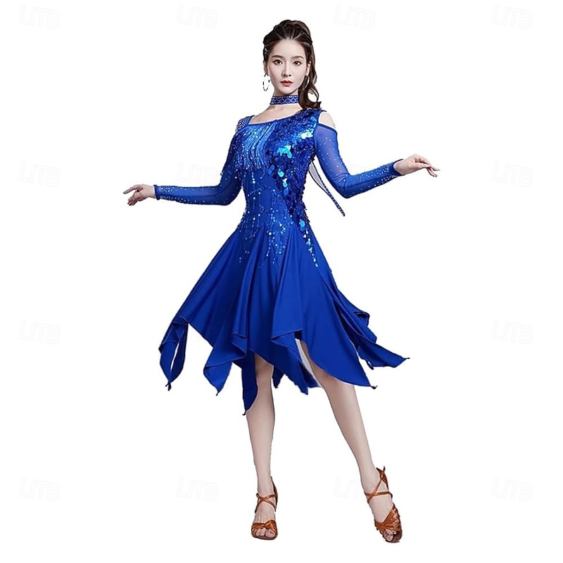 Women Fringe Latin Dance Competition Dress Mesh Long Sleeves Ballroom Waltz Cha Cha Salsa Practice Skirt Necklace