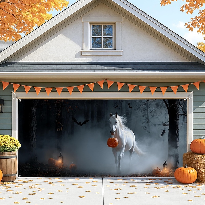 Halloween Garage Door Cover Large Hanging Backdrop Pumpkin Horse 3D Dark Punk Gothic Style Party Outdoor Shooting Backgrounds Yard Haunted House Home Decor