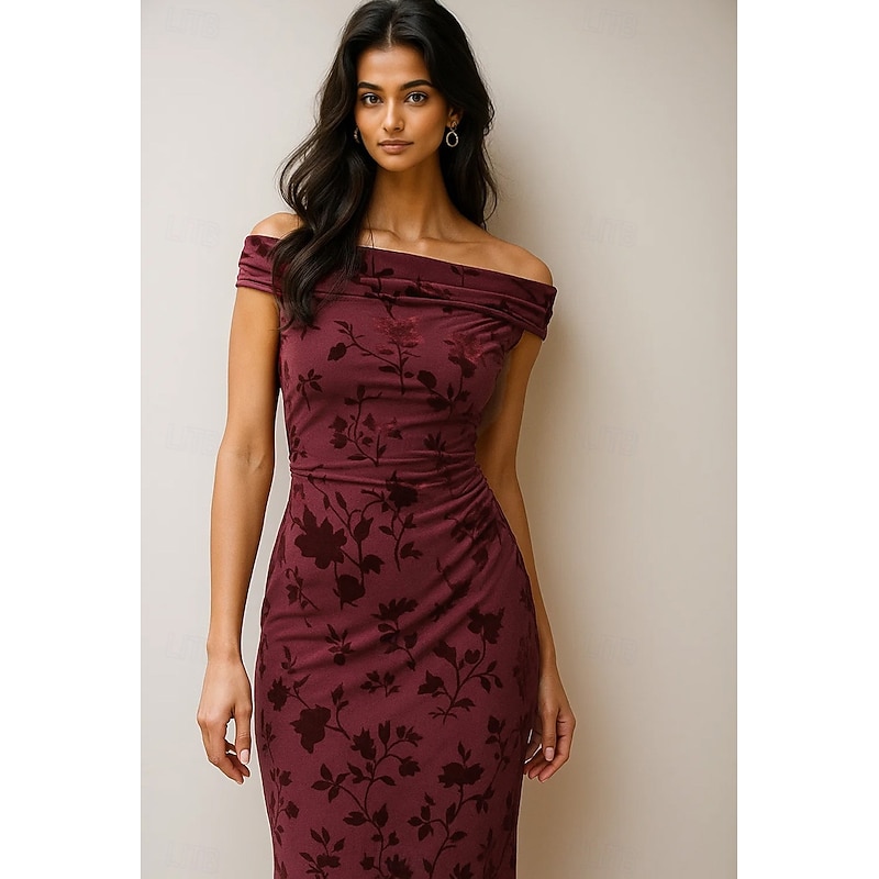 Floral Sheath / Column Cocktail Dresses Elegant Formal Dress Formal Wedding Tea Length Midi Length Sleeveless Off Shoulder Velvet with Pleats 2025