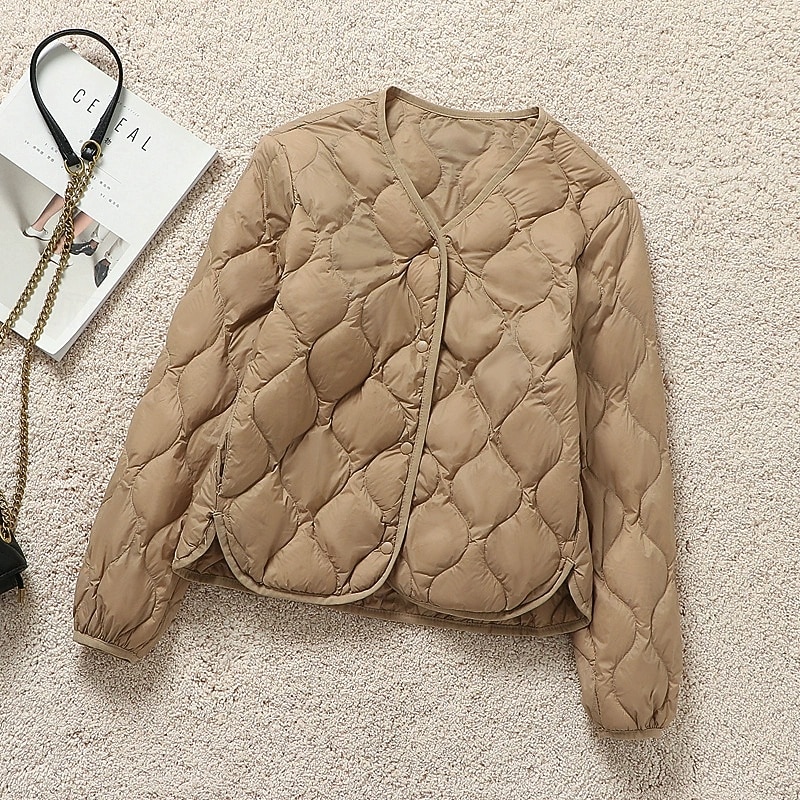 Women's Puffer Jacket Quilted Jacket Casual Jacket Comfortable Breathable Pocket Buttons Casual Plain Vacation Street Daily Wear Going out Single Breasted Regular Collarless Regular Fit Long Sleeve2