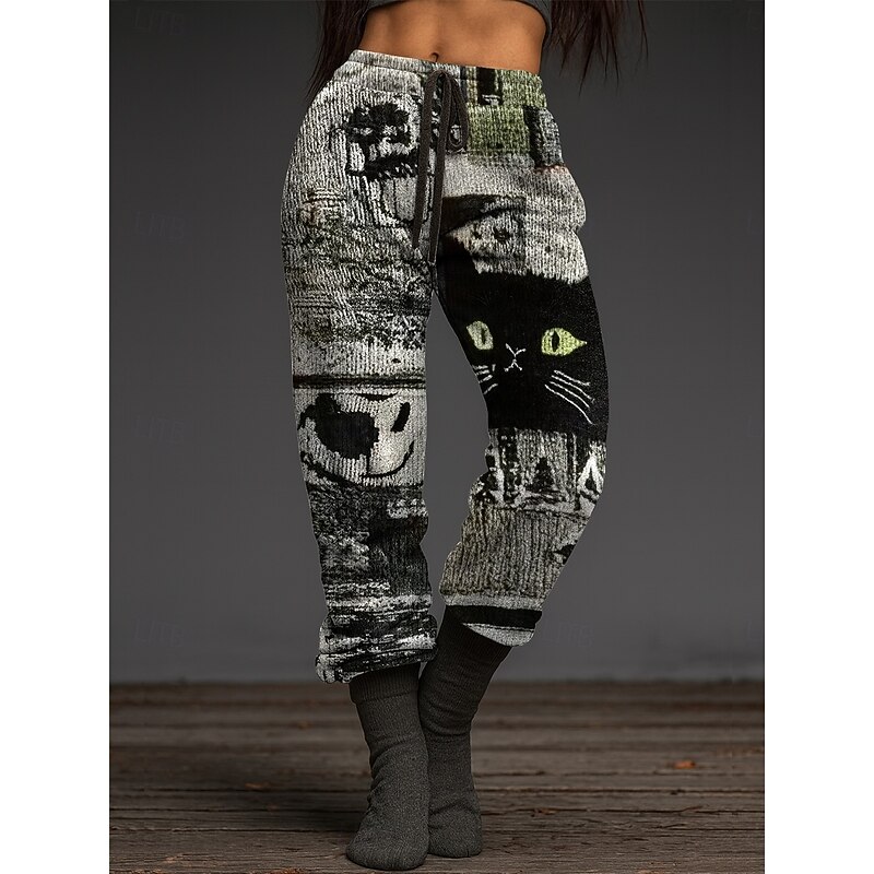 Women's Skinny Joggers Vacation Vintage Fashion Ankle-Length High WaistPantsHalloween Animal Cat Halloween Drawstring Patchwork Elastic Waistband Stretchy Formal Vacation Street Light Gray Dark Grey4