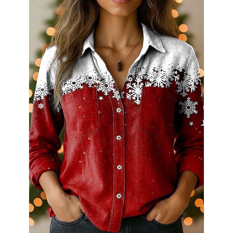 Christmas Women's Shirt Graphic Snowflake Elegant Vintage Tropical Long Sleeve Shirt Collar Regular Tops Daily Holiday Pocket Buttons Print Red Blue Purple Brown Green Spring Fall Winter
