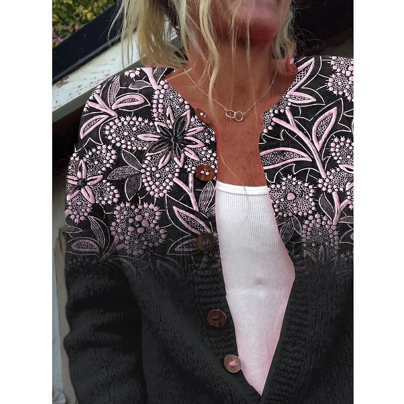 Women's Cardigan Fashion Daily Casual Floral Graphic Ribbed Crew Neck Buttons Print Long Sleeve Regular Tops Knit Outdoor Daily Date Pink Fall Winter2