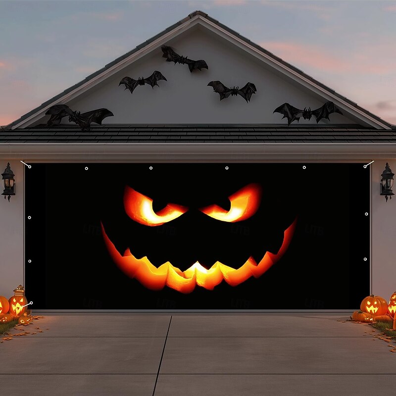Halloween Garage Door Cover, Black Pumpkin Scary Haunted House Curtain, Creepy Spooky Outdoor Halloween Decoration, Horror Party Door Banner Indoor Outdoor Decor Supplies
