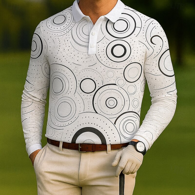 Men's Geometic Golf Polo Long Sleeve Polo Shirts Lapel Casual Outdoor Street Athleisure Daily Wear 3D Print Buttons Spring Fall Winter White Blue Green2
